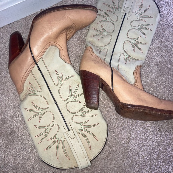 Frye Cream and Tan Heeled Boots with Western Design and Decorative Stitching - Picture 1 of 4